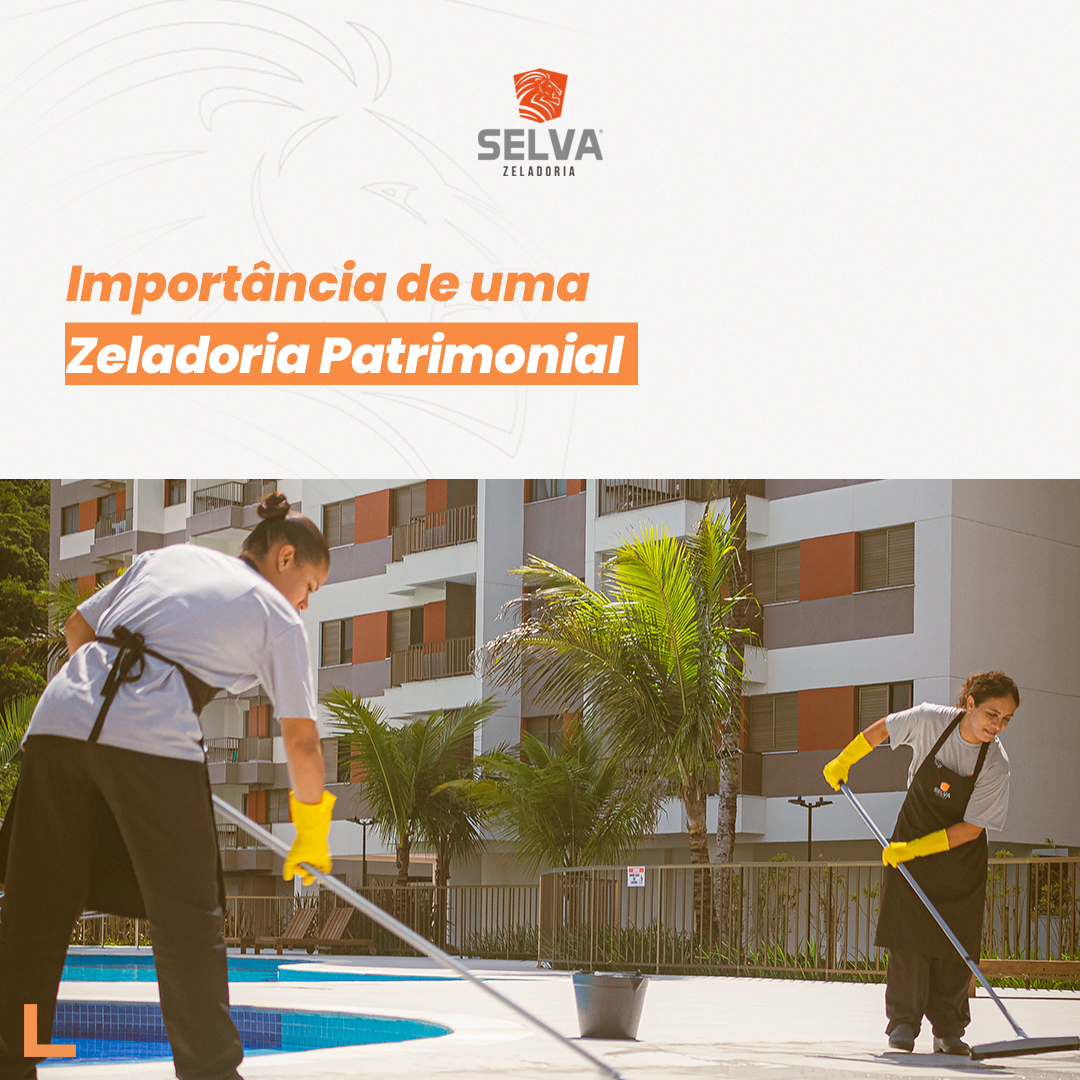 Trabalhador realizando manutenção em área residencial, destacando a importância da zeladoria patrimonial. Imagem mostra profissional limpando área de piscina em frente a edifícios modernos, com logotipo ‘SELVA’ visível no canto superior direito. Representa profissionalismo e atenção aos detalhes, contribuindo para a valorização do patrimônio e satisfação dos residentes.